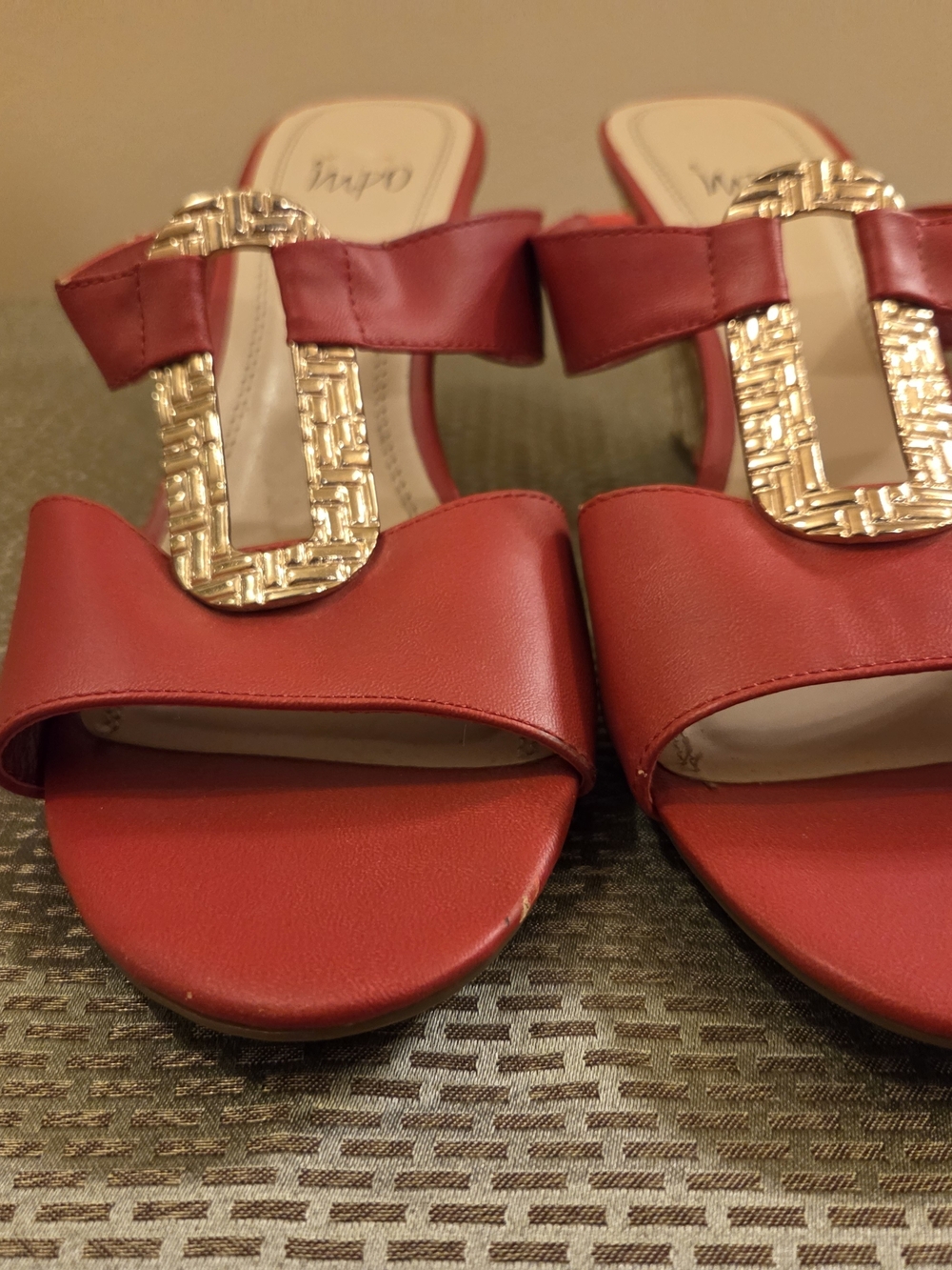 Impo Red Slide Mules with Gold Plaque Accent